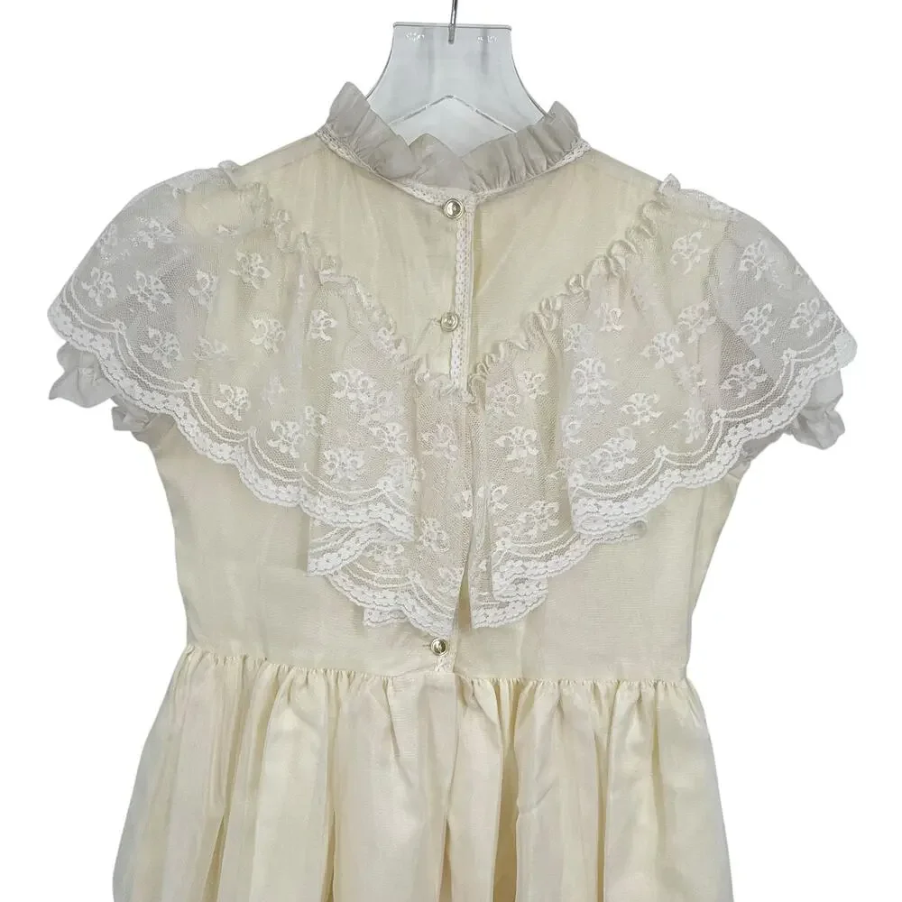 VTG Gold Bell dress girls 10 chiffon ruffle lace party pageant prairie cream USA